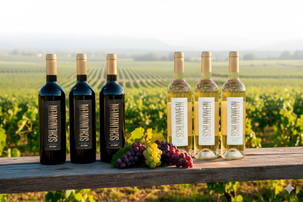 Linha Schlindwein Gran Linhagem em vinhedo ao entardecer — rótulos autorais em composição com videiras